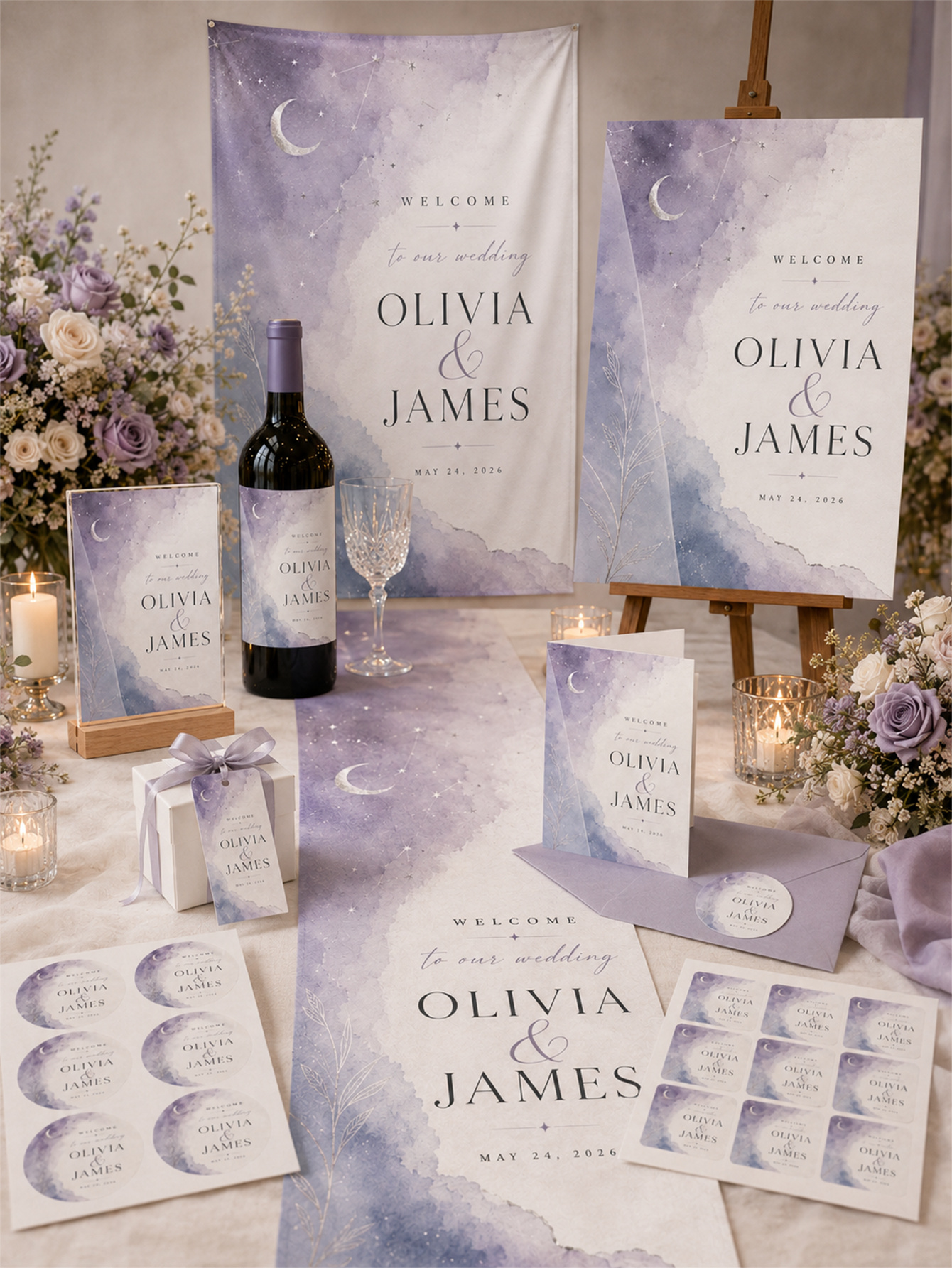 Customized celestial lavender wedding decorations - moon, stars and watercolor designs for a luxurious wedding - customized names and dates